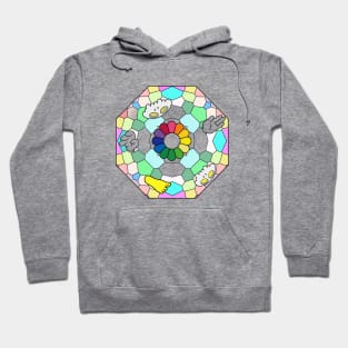 Colorful glass panel drawing with sunflower and Slluks character faces illustration Hoodie